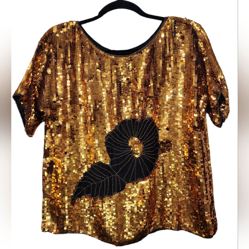 Vintage NANDANS Silk Sequin Beaded Gold & Black Top Small